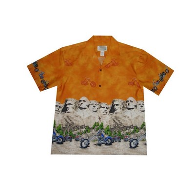 Orange Hawaiian Border Print Cotton Poplin Shirt w/ Button Front