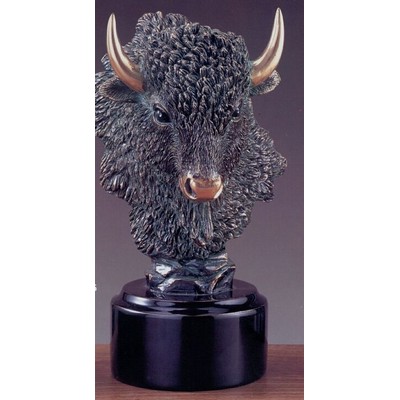 Silver Buffalo Head w/Gold Finish Nose Trophy on Round Base (6"x10")