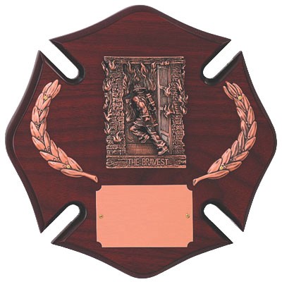 Rosewood Finish Maltese Cross Plaque w/Antique Bronze Fire Fighter