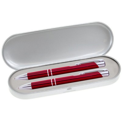 JJ Series Pen and Pencil Gift Set in Silver Tin Gift Box with Hinge Cover - Red pen