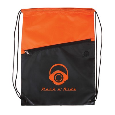 Two-Tone Poly Drawstring Backpack with Zipper - 1 color (13" x 16.75")