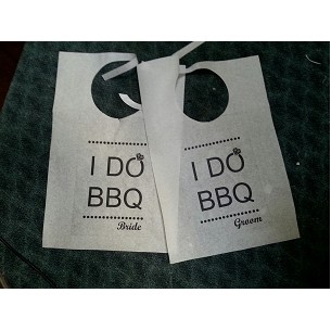 Stock Bride & Groom "I Do BBQ" Diamond Cake Bibs with Ties, sold per pair