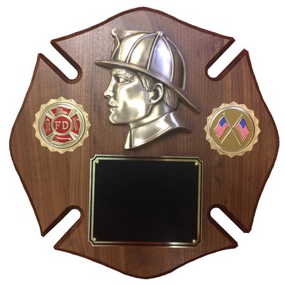 Fireman Maltese Cross Walnut Veneer Plaque (12" x 12")