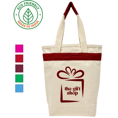 14 oz Cotton Canvas Gift Tote Bag Maroon Red Trim - Eco Friendly Wine Bag 11 x 10 x 3.5