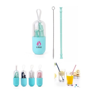 Reusable Silicone Drinking Straw With Capsule Case