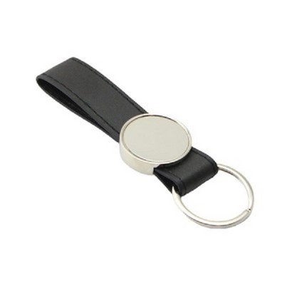 Round Metal Tag PU Leather Keychain