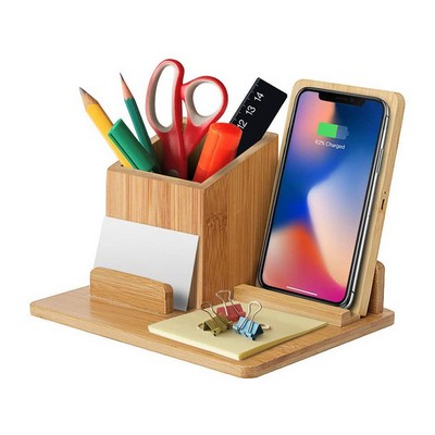 Bamboo desk organizer with wireless fast charger