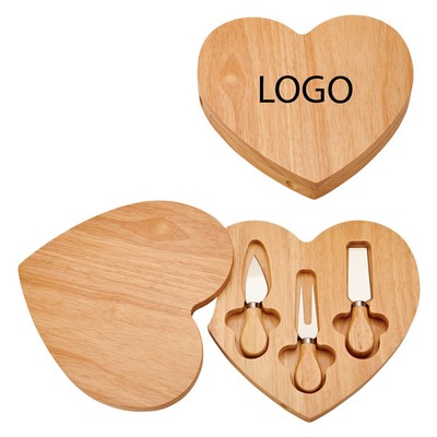 Wood Heart Cheese Set With 3 Wood Handled Utensils