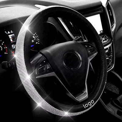 New Diamond Leather Steering Wheel Cover with Bling Bling Crystal Rhinestones, Universal Fit Car Whe