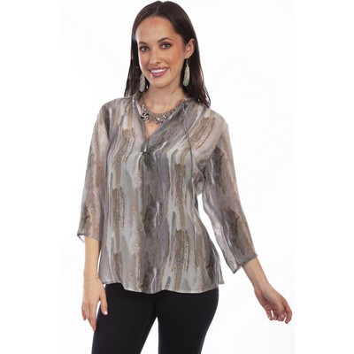 Honey Creek V-Neck Blouse w/Stone Gray Tassel