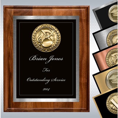 Walnut Wood Plaque w/Choice of Medallion Over Double Engraved Plate (5" x 7")