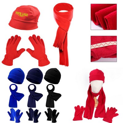 Winter Warm Soft Polar Fleece Hat Scarf Gloves Set