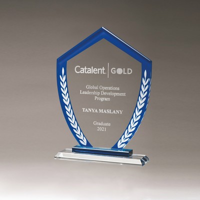 Shield Shaped Glass Award with Blue Border and White Laurel Leaves (5.875 x 8.25)