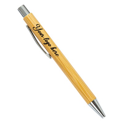 Natural Bamboo Wood Barrel Pen W/ Silver Trim