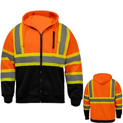 Hi Viz Class 3 Two Tone Reflective Tape Safety Zipper Hoodie With Kangaroo Pocket