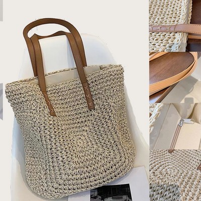 Retro Natural Straw Bag Hand Woven PU Handle Handbags