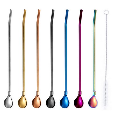 Stainless Steel Straw-Spoon Combo: 2-in-1 Set with Cleaning Brush