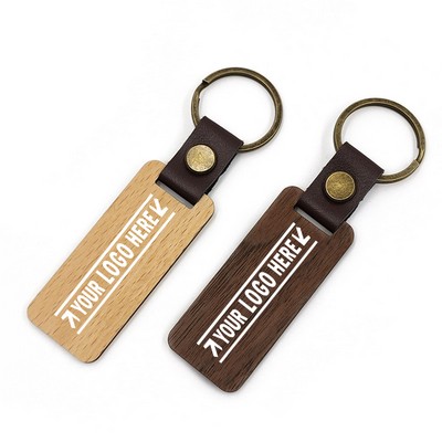 Rectangular Wooden Leather Keychain