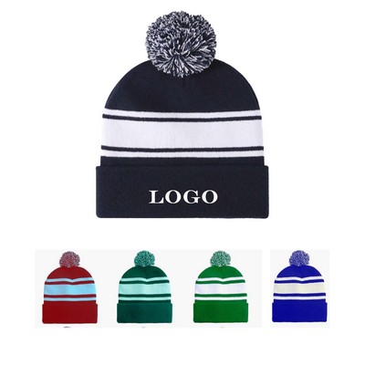 Color Blocked Wool Ball Knitted Hat