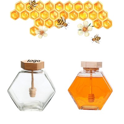 Hexagon Shape Glass Honey Jars With Wooden Dipper And Lid