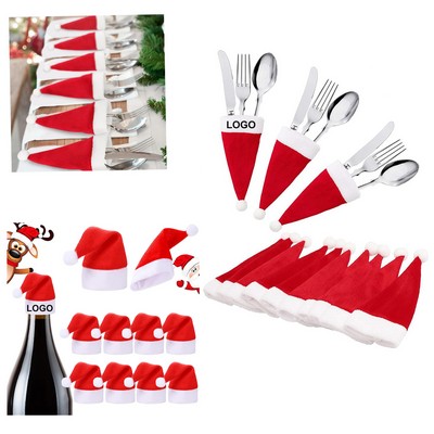 Mini Christmas Decoration Santa Hat Tableware Bag Wine Bottle Cover