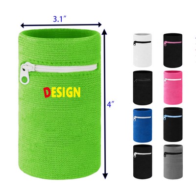 Wrist Wallet Wristband with Zipper Cotton Sweatbands for Sport Running Walking Basketball Football