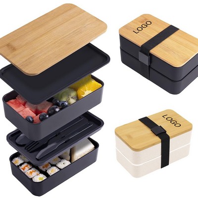 Double Decker Lunch Box With Bamboo Lid And Utensils