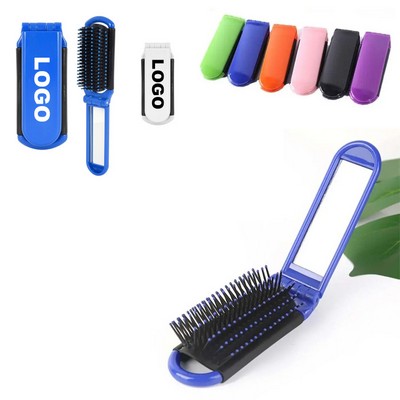 2-in-1 Custom Plastic Portable Folding Hair Brush Comb w/Mirror