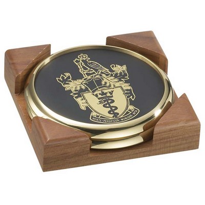 2 Round Solid Brass Coasters w/Solid Walnut Wood Square Holder