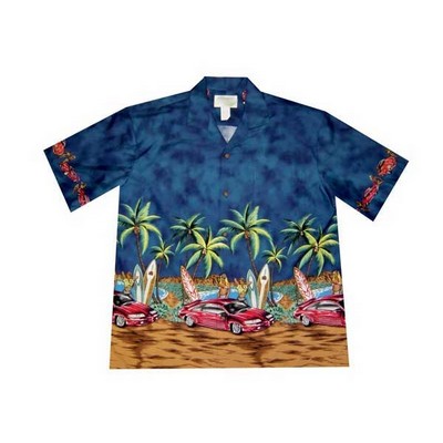 Navy Hawaiian Border Print Cotton Poplin Shirt w/ Button Front