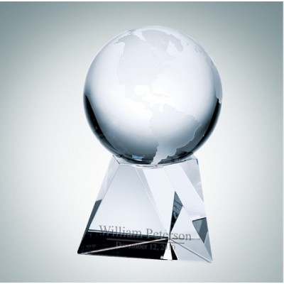 6 1/2" World Globe Optical Crystal Award w/Triangle Base