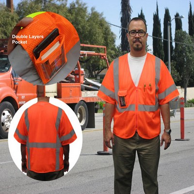 ANSI 107-2015 Class 3 Mesh Safety Vest Neon Orange With Multiple Pocket