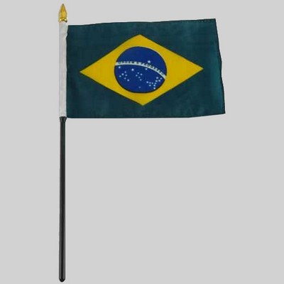 4"x6" Brazil Flag With Black Plastic Pole & Gold Spear - Brazilian Flag