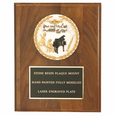 Walnut Finish Plaque w/Cast Stone Medallion & Black Plate (8"x10")