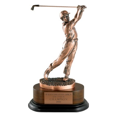 11½" Electroplated Male Bronze Golf Trophy w/Wood Base