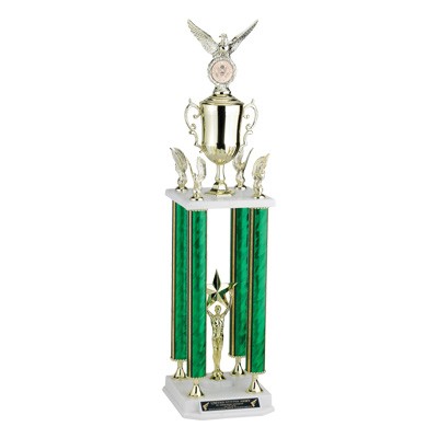 38" Gold Splash 4-Column Trophy w/Cup, Eagle Trim, Holds 2" Insert & Takes Riser