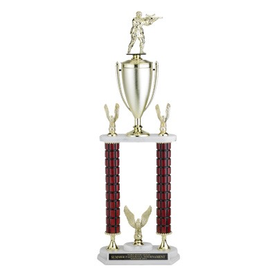 30½" Mahogany Finish Two-Column Trophy w/Cup, Eagle Trim, Takes Figure