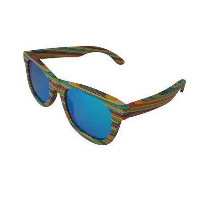 Layered Canadian Maple Wood Sunglasses - Rainbow Frames & Blue Mirrored Lenses