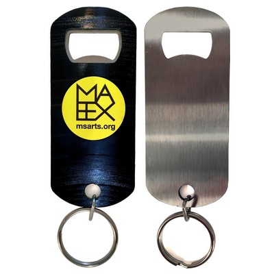 Recycled Vinyl Record Key Chain Bottle Opener, 1-Sided Custom Imprint, Stainless Steel Back Side