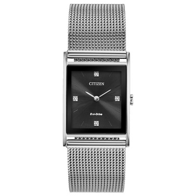 Citizen Unisex Eco-Drive Axiom Diamond Tank Watch, SS Mesh with Black Dial