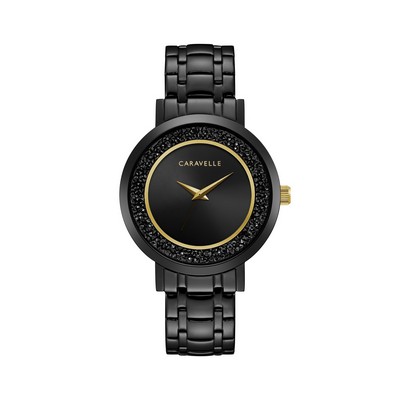 Caravelle Ladies Modern Rock Crystal Bracelet w/Black Dial & Gold Hands