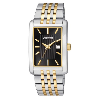 Citizen® Men's Quartz Two-Tone Stainless Steel Watch w/Rectangular Black Dial & Date Window