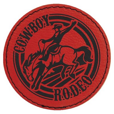 Round Engraved Patch with Adhesive, Red Faux Leather, 3" diameter