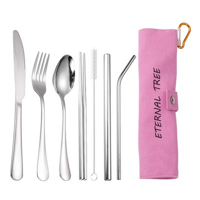 7-Piece 304 Stainless Steel Flatware Chopstick Spoon Straw Fork Knife Tableware Set W/Bag(Model A)