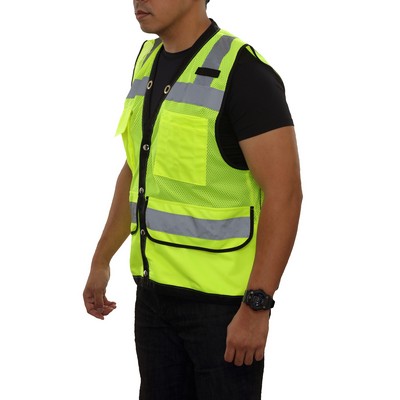 Hi-Vis Surveyor Mesh Multi-Pocket Safety Vest-12 Pockets/Black Contrast