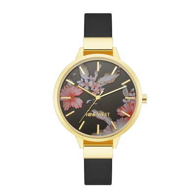 Nine West® Women's Black Floral Dial Strap Watch w/Gold-Tone