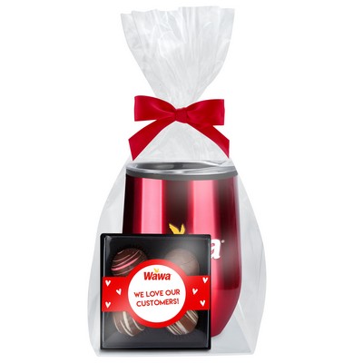 Promo Revolution - 12 Oz. Stemless Wine Tumbler w/Valentine's Day 4 Piece Belgian Truffle Box