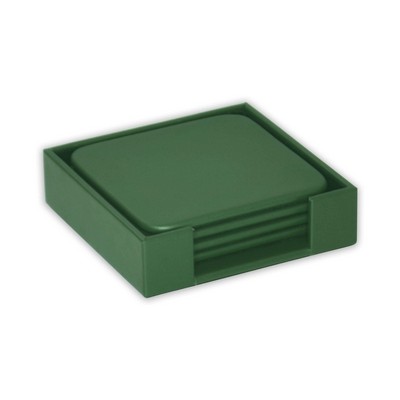 4" Classic Dark Green Square Leather Coaster Set w/Holder