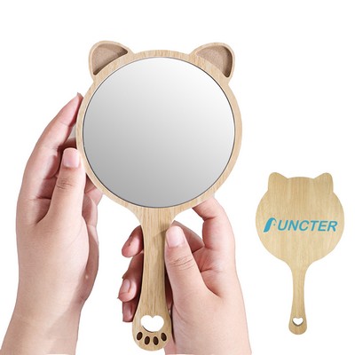 Cat Shape Wood Handheld Mirror Makeup Mirror - Size S