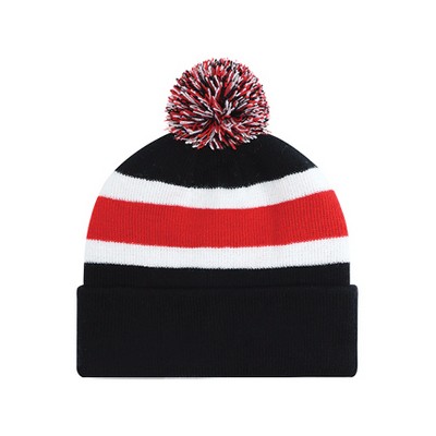 AJM Acrylic Striple Pom Pom Cuff Toque